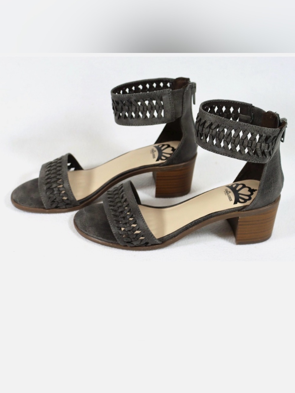 Fergalicious by Fergie Phoenix Grey Block Heel Sandals - Like New Sz 7.5